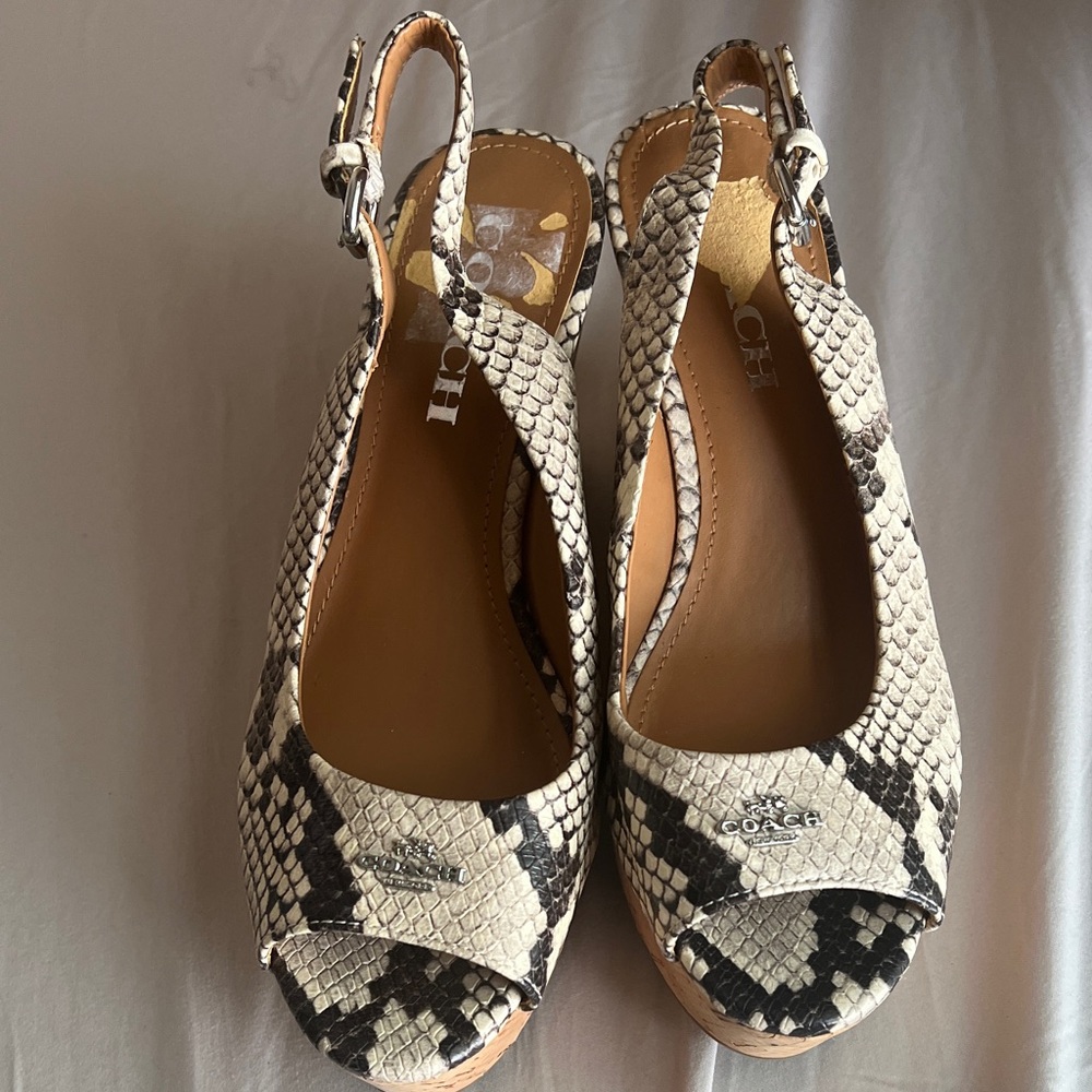 Coach Snake-Print Slingback Wedge Sandals in Cream and Black size 6